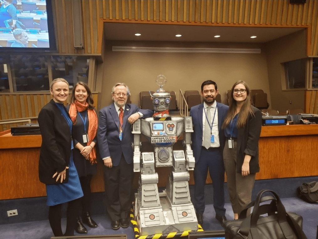 Senior Researcher Branka Marijan, Executive Director Cesar Jaramillo, and colleagues from Mines Action Canada and the Campaign to Stop Killer Robots at event on efforts to prevent fully autonomous weapons systems (United Nations, New York. October 2019)