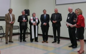 The induction of the CCC executive for the new triennium. L-R: Larry Brennan, treasurer; Bishop Ron Fabbro, Vice President;  the Rev. Canon Alyson Barnett-Cowan, President; the Rev. Stephen Kendall, Vice President; the Rev. Willard Metzger, Vice President.