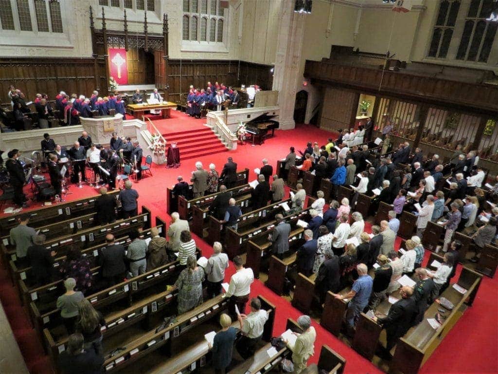 pews of participants at Yorkminster Park Baptist Church in Toronto at the 75th Anniversary worship service on Sep 26, 2019