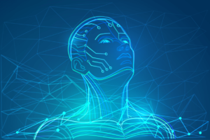 Graphic of robotic human face imposed over blue background