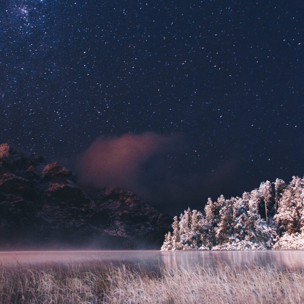A clear night sky with stars above a beautiful winter landscape of a frozen lake, snowcovered pine trees, and moutains in the distant shadows