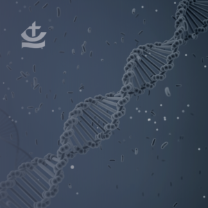 Computer generated image of a DNA double helix against navy blue cellular background