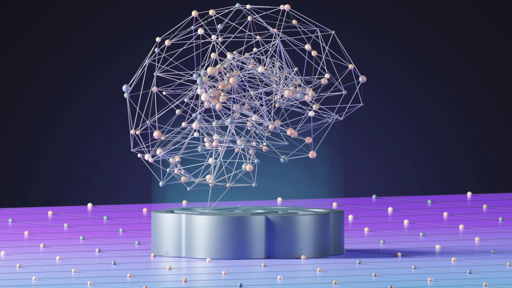 Graphic of electronic molecules forming a brain to signify artificial intelligence
